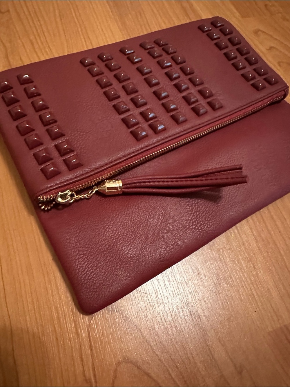 Moda Luxe Burgundy Studded Clutch with Tassel Zip